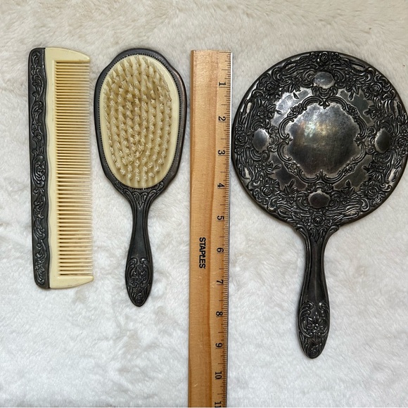 Vintage Silver Plated Vanity Set - Mirror, Brush, & Comb - Picture 10 of 12